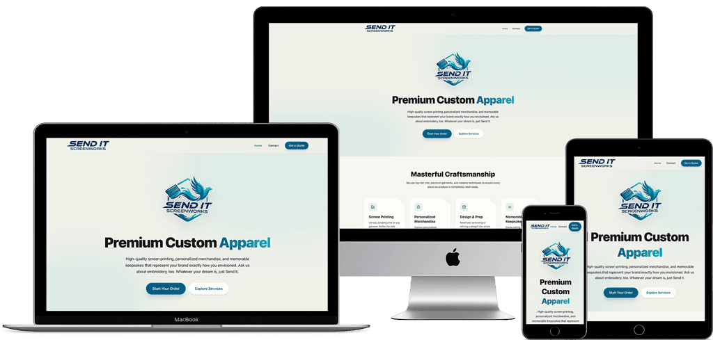 Screenshot of the Send It Screenworks website built by AscentWebCo.